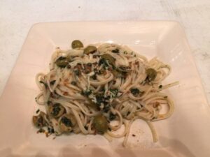 Linquine with Spicy Globe Basil and Green Olive Sauce - Ramona’s Basil Garden