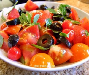 Heirloom Tomato Salad with Olives, Basil, and Sumac - Family Friends Food
